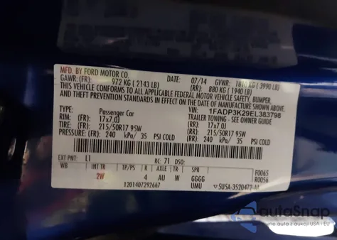 2014 Ford Focus Se z USA, uszkodzony, nr VIN 1FADP3K29EL383798